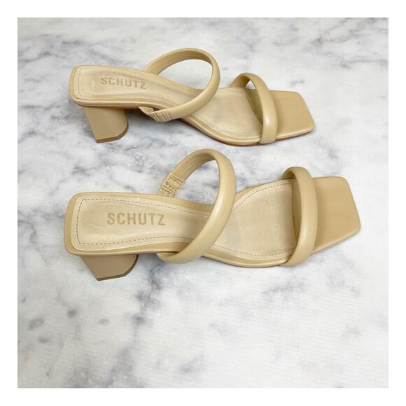 Schutz Ully Lo Beige Double Strap Leather Slide Heeled Sandals - Picture 2 of 11